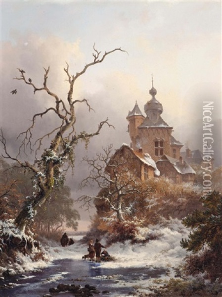 An Idyllic Winter Scene With Woodgatherers Near A Castle Oil Painting - Frederik Marinus Kruseman