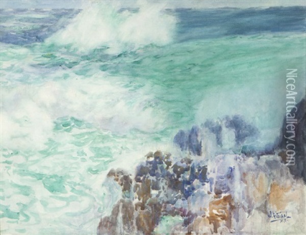 Waves Breaking Along A Rocky Coast, Carmel Oil Painting - William Ritschel