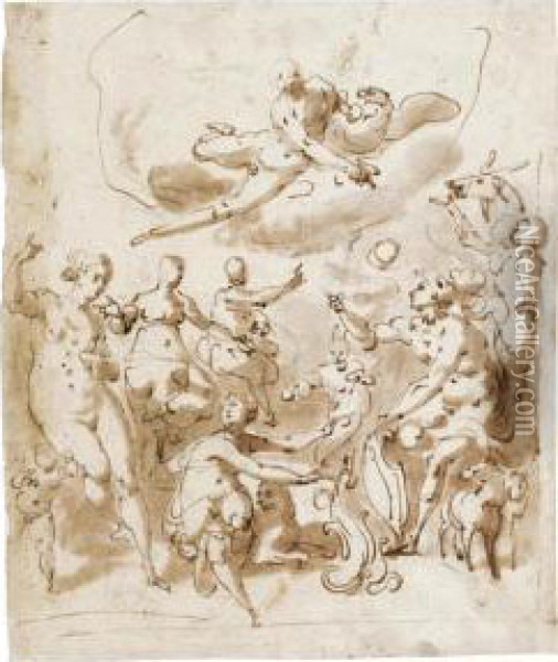 An Allegorical Subject, Possibly Commemorating A Marriage, With Jupiter Above And Various Figures Below, One Holding A Shield Oil Painting - Jacopo Zucchi