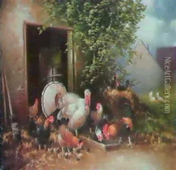 Kalkon Vid Honsgarden Oil Painting - Otto Scheuerer