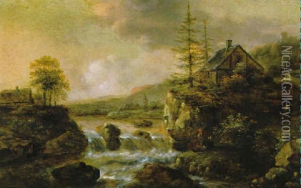 Felsige Flusslandschaft Mit Wasserfall Oil Painting - Nicolaes Molenaer