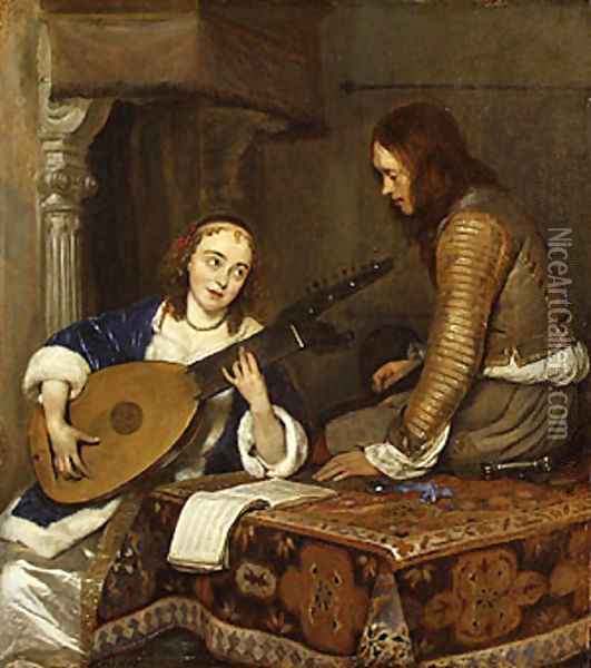A Woman Playing the Theorbo Lute and a Cavalier ca 1658 Oil Painting - Gerard Ter Borch