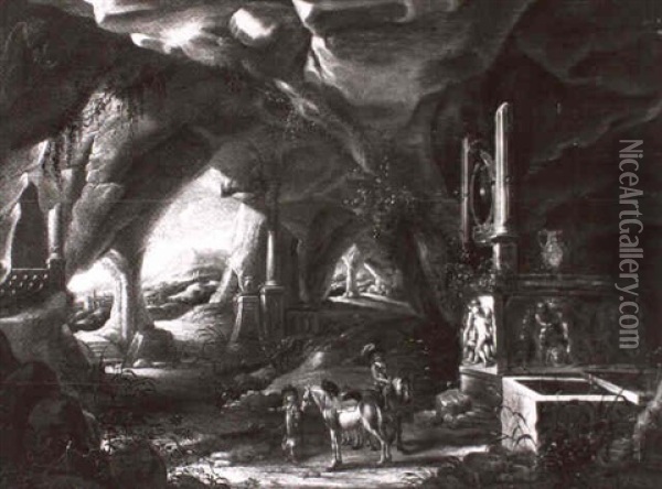 Reiter In Einer Felsgrotte Bei Antikisierenden Grabanlagen Oil Painting - Abraham van Cuylenborch