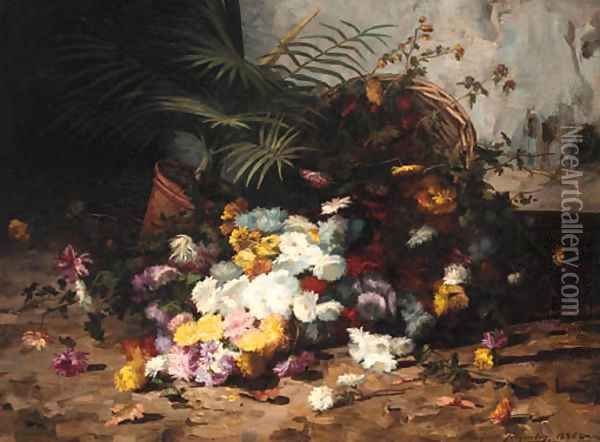 Summer flowers spilling from a basket Oil Painting - Marguerite Jacqueline