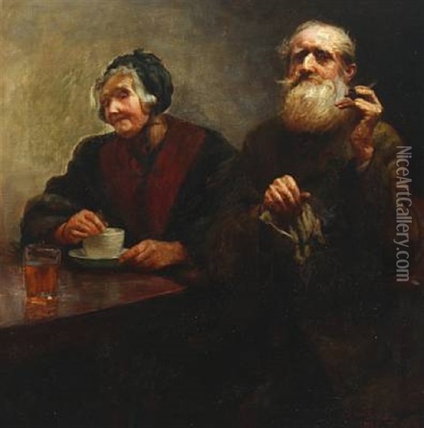 Portrait Of An Elderly Couple At A Table With Drinks Oil Painting - Knud Christian Soeeborg