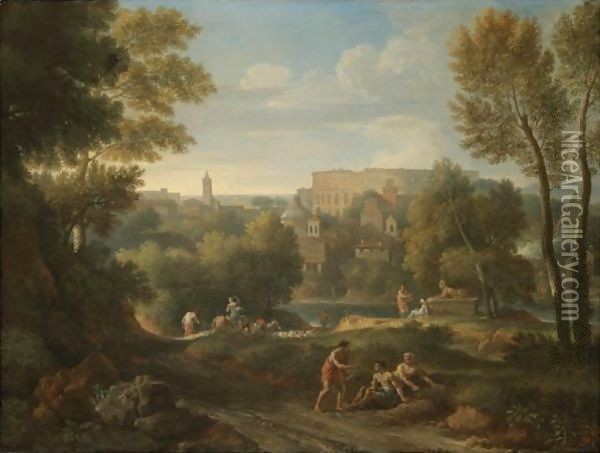 A View Of The Roman Campagna With The Colosseum Beyond Oil Painting - Jan Frans Van Bloemen (Orizzonte)