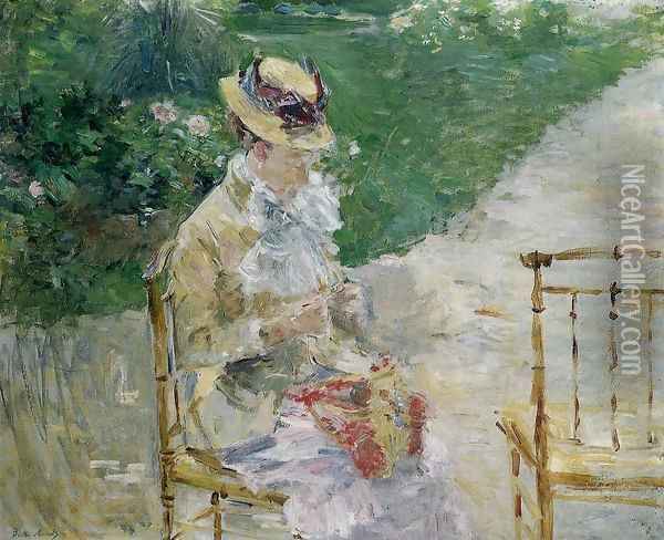 Young Woman Sewing in the Garden 1883 Oil Painting - Berthe Morisot