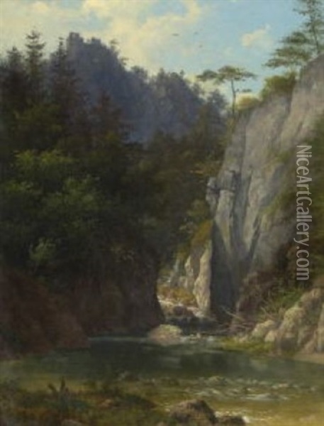 Felsenlandschaft Mit Bachlauf Oil Painting - Anton Hansch