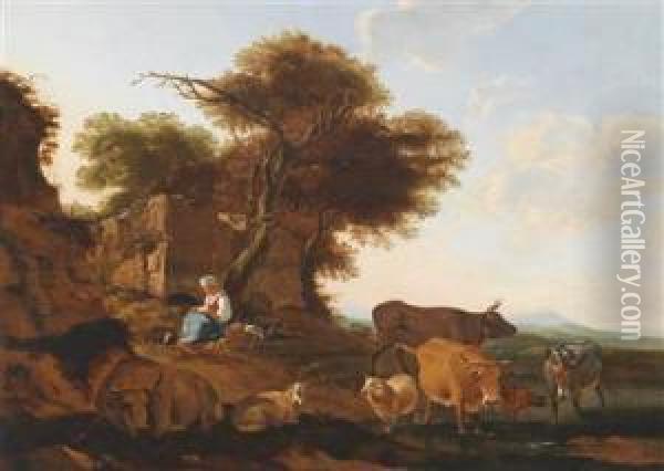 A Shepherdess And Her Flock In A Widelandscape Oil Painting - Willem Romeyn