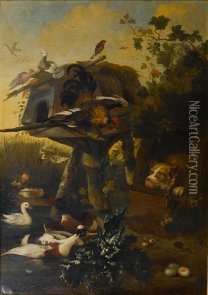 A Chaffinch, Doves And Waterfowl In A Landscape With A Dog In Its Kennel Oil Painting - Jean Baptiste Huet