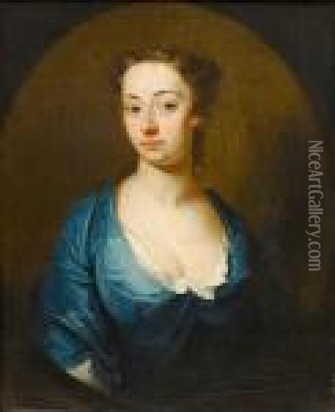 Portrait Of A Lady, Bust-length, In A Blue Dress With A White Chemise, In A Painted Oval Oil Painting - Charles Jervas