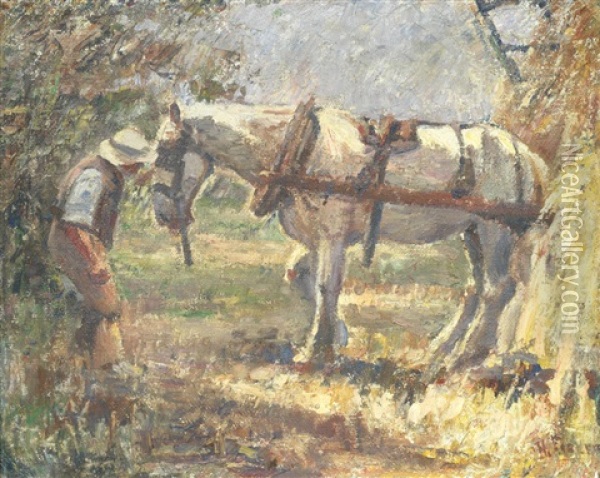 A Farmhand And Carthorse Beside A Hayrick Oil Painting - Harry Fidler