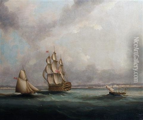 A Ship-of-the-line Off Cadiz, Probably The Flagship Of The Blockading Fleet, With An Armed Cutter Off Her Port Beam Oil Painting - Thomas Buttersworth