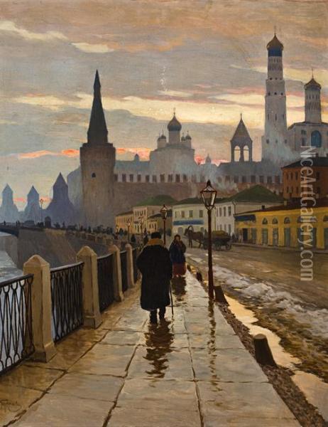 A View Of The Kremlin From The Moscow River Embankment Oil Painting - Mikhail Markianovitch Guermatcheff