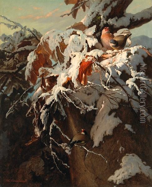 Songbirds In The Snow Oil Painting - Theude Gronland