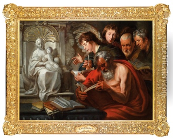 Die Vier Evangelisten An Einem Altar Mit Der Statue Der Madonna Mit Kind Oil Painting - Jacob Jordaens