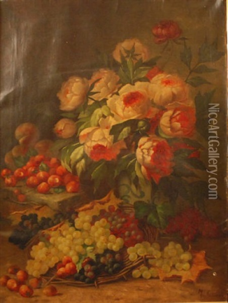 Composition Aux Roses Et Panier De Raisins Oil Painting - Max Carlier