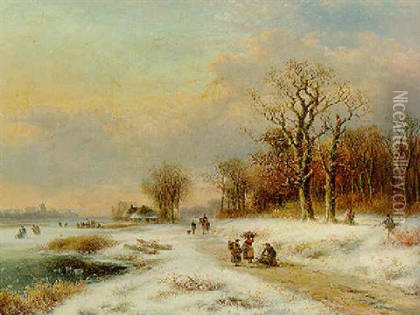Winter: Kindling Gatherers On A Wooden Path Oil Painting - Lodewijk Johannes Kleijn