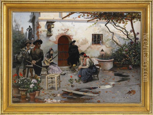 Spanskt Torg Med Musikanter - Granada Oil Painting - Hugo Birger