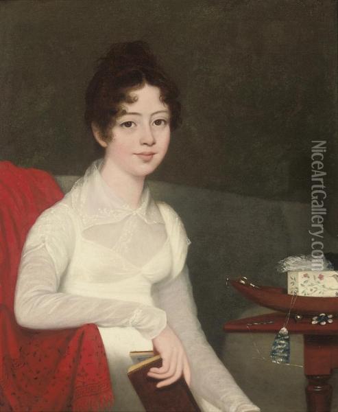 Portrait Of A Young Woman, Three-quarter-length, Seated In A Whitemuslin And Lace Dress, A Book In Her Right Hand, A Table Withneedlework To Her Left Oil Painting - Robert Home