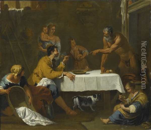 A Scene From Aesop's Fable: The Satyr And The Peasant Oil Painting - Sebastiano Ricci