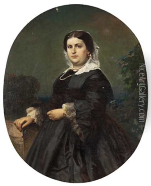 Portrait Of A Lady In A Black Dress Oil Painting - Nikolai Semionovich Shustov