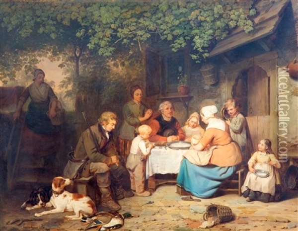 Een Vrome Familie Aan De Maaltijd Oil Painting - Johannes Antonius Canta