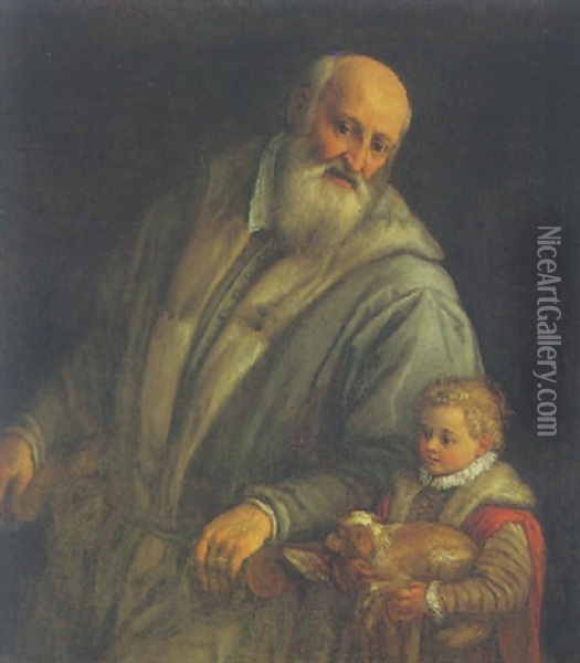 Portrait Of A Bearded Man (titian?) Seated In A Chair Beside A Little Girl Holding A Dog Oil Painting - Leandro da Ponte Bassano