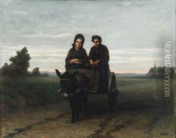 Man And Woman On A Donkey Cart Oil Painting - David Adolf Constant Artz