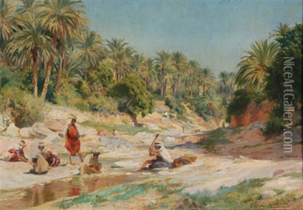 Arabische Wascherinnen Am Fluss Oil Painting - Eugene Alexis Girardet