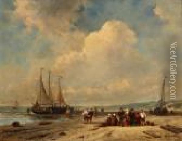 Vissersvolk Op Het Strand Bij Binnenkomst Van De Vloot Oil Painting - Charles Henri Leickert