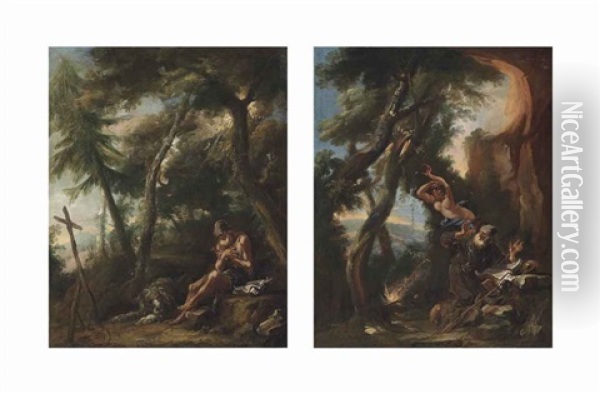 The Penitent Saint Jerome In A Wooded Landscape; The Temptation Of Saint Anthony (pair) Oil Painting - Alessandro Magnasco