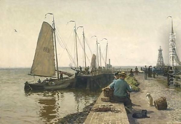 Moored Fishing Boats In Enkhuizen Harbour Oil Painting - Willem Bastiaan Tholen