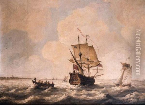 An English Man-o'-war Sailing 
Out, A Rowing Boat And Other Shippingnearby, A Town In The Distance Oil Painting - Willem van de, the Elder Velde
