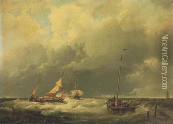 Coastal Scene With Fishing Vessels Oil Painting - Hermanus Koekkoek