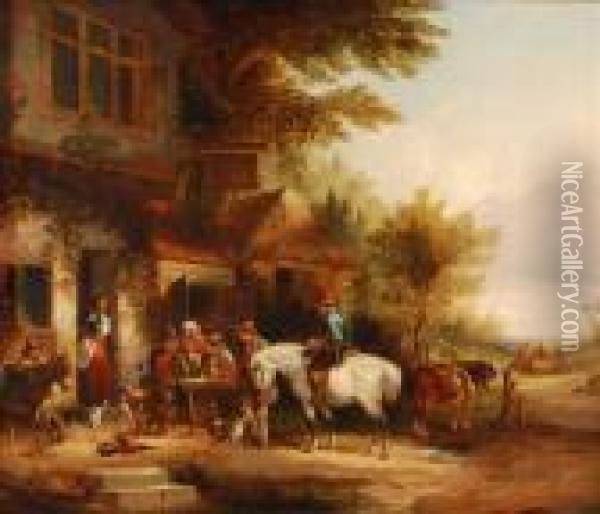 Figures And Horses Outside A Tavern Oil Painting - Snr William Shayer