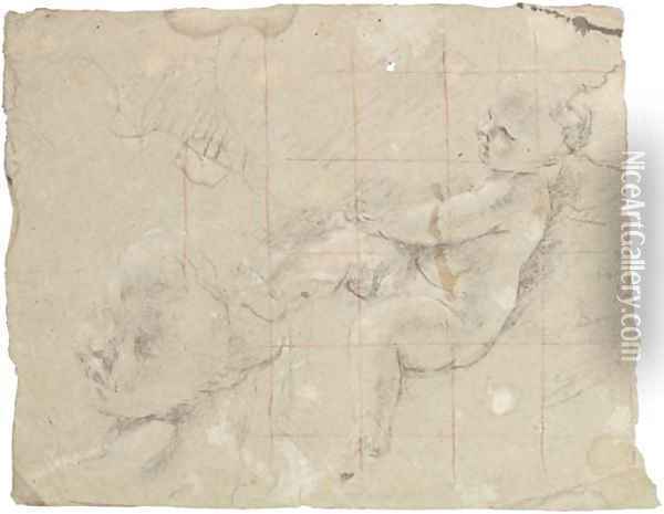 A putto reclining on a cloud, with a subsidiary study of his head Oil Painting - Giovanni Lanfranco