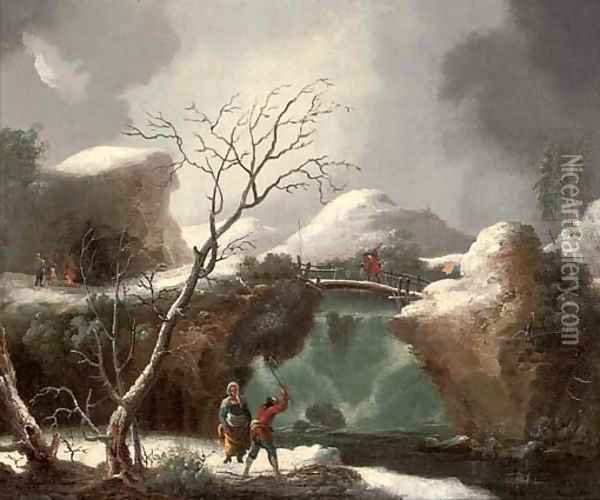 A winter landscape with figures by a waterfall Oil Painting - Francesco Foschi