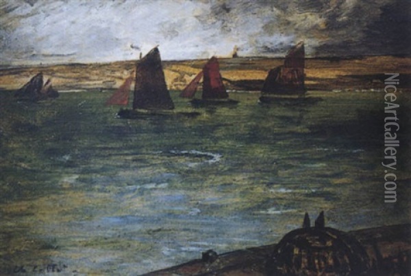 Barques De Peche Sous Voiles Pres De Camaret Oil Painting - Charles Cottet