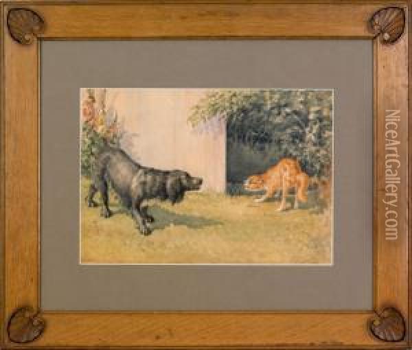 Cat And Dog Oil Painting - Frederick Mortimer Lamb