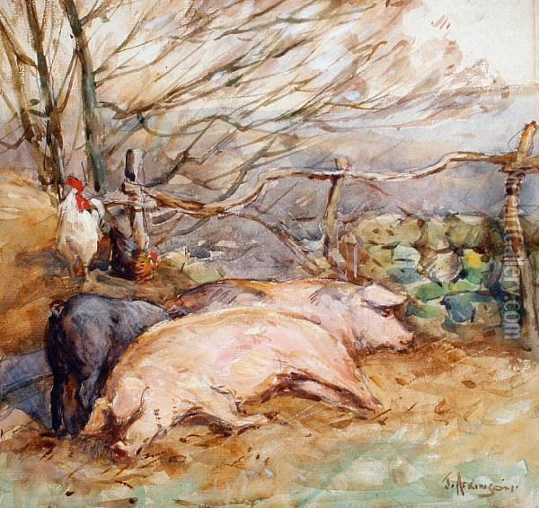 Farmyard Scene With Pigs And Chickens Oil Painting - John Atkinson