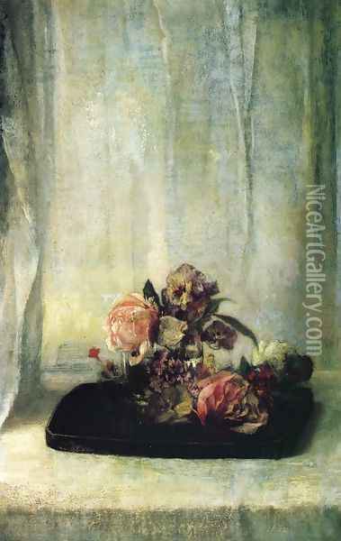Roses On A Tray Oil Painting - John La Farge