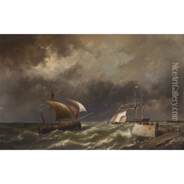 A Dutch Lugger, A French Ketch And A Merchantman Off The Coast Oil Painting - Hermanus Koekkoek the Younger