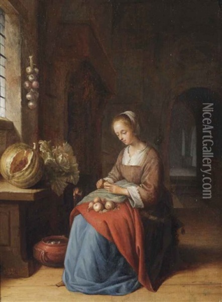A Young Woman Preparing Vegetables In A Kitchen Oil Painting - Jan Adriaensz van Staveren