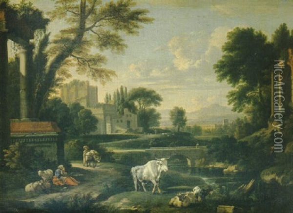 Paysage Classique Aux Ruines Antiques Avec Une Riviere Oil Painting - Jan Frans van Bloemen