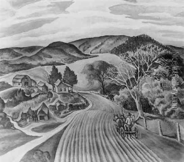 Regionalist Farm Landscape With Rolling Hills Oil Painting - Bernard E. Peters