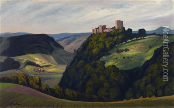 A Thuringian Landscape With A Castle Oil Painting - Walter Leistikow