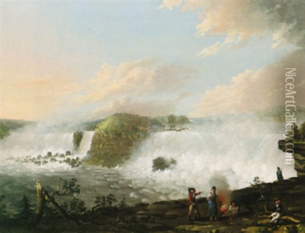 View Of Niagara Falls With Travellers And Indian Guides Oil Painting - Alexander Robertson