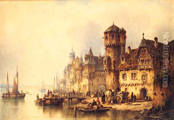 And A Busy Port Oil Painting - Ludwig Hermann