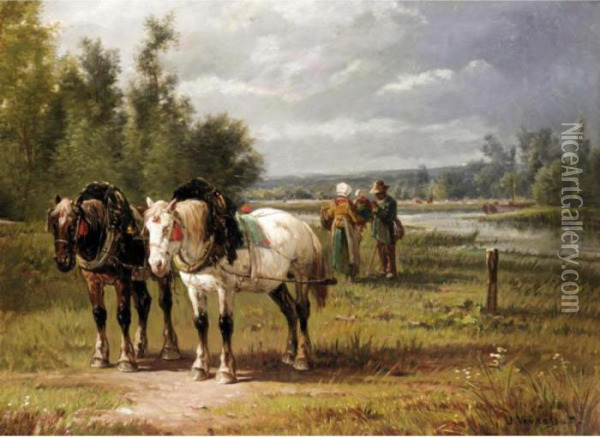 Landscape With Horses And Figures Oil Painting - Jules Jacques Veyrassat